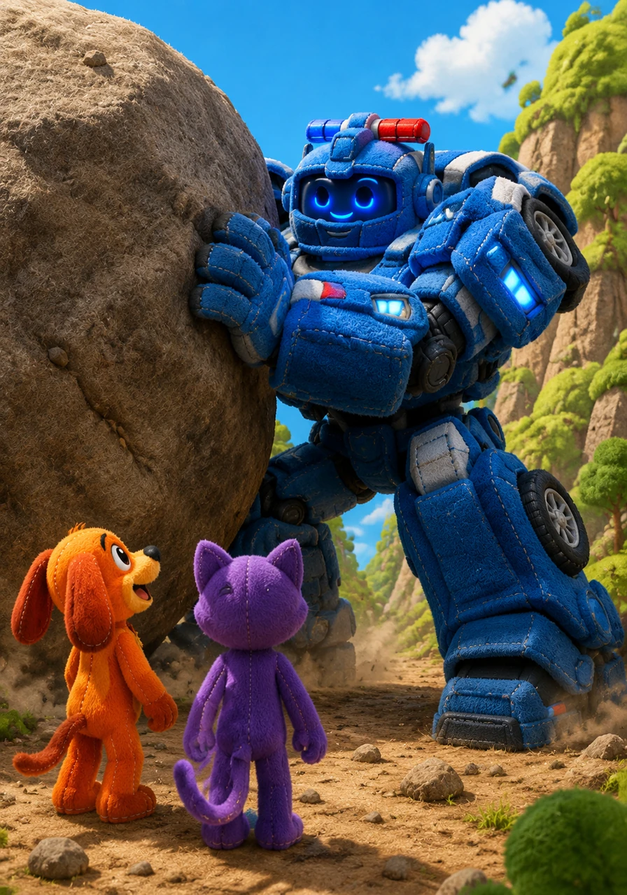A giant boulder suddenly blocks the main path, prompting Bluecop S to call for his vehicle components. He combines with Blue Command and Blue Loader to transform into the massive and powerful Bluecop Trinity. With a display of incredible strength, the combined robot gently moves the obstacle, ensuring everyone stays safe on their journey.