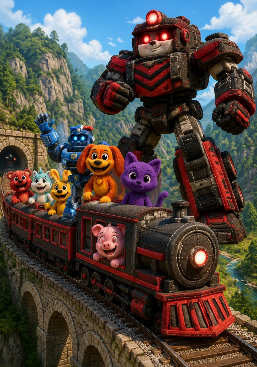 The sound of a rhythmic whistle echoes through the valley as Blastrain, the black and red diesel locomotive, arrives on the tracks. He transforms into a towering robot while his passenger carriages provide a comfortable ride for Picky Piggy and the others. The Critters climb aboard, enjoying a scenic tour of their home from the height of the magnificent train.