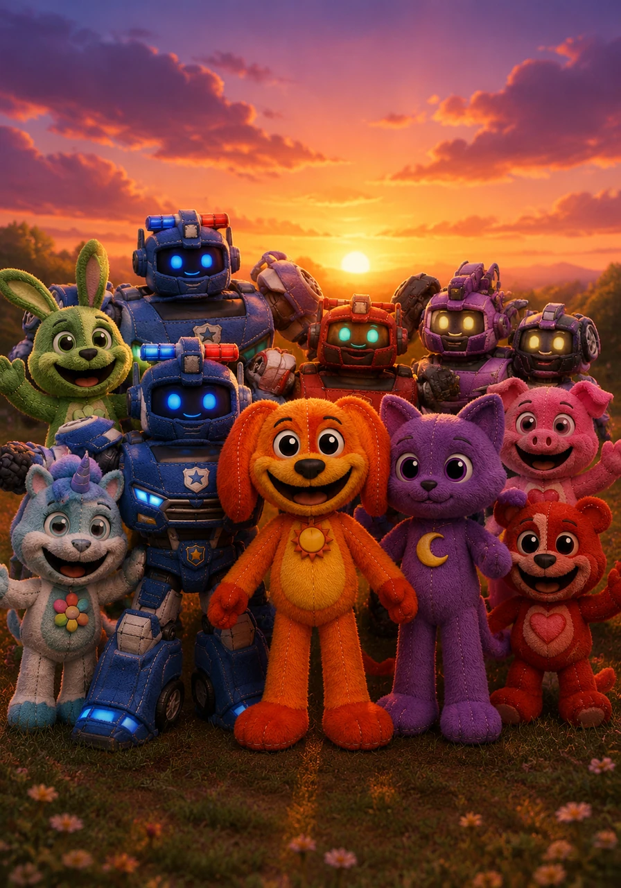 As the sun sets in a palette of orange and purple, the Smiling Critters and the Metal Cardbots gather for a final group photo. DogDay stands at the center, flanked by Bluecop S and his mechanical team, symbolizing a new era of unity. They realize that despite their differences, their shared hearts make them the perfect team for any adventure.
