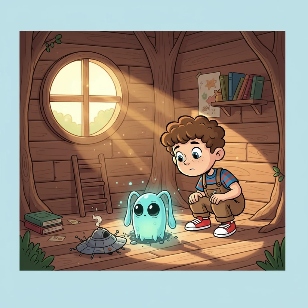 The next morning, Clark woke to a strange noise. Climbing the ladder to his treehouse, he found a small, glowing, alien-like creature with big eyes and floppy antennae. It had crash-landed right in the middle of his favorite spot.