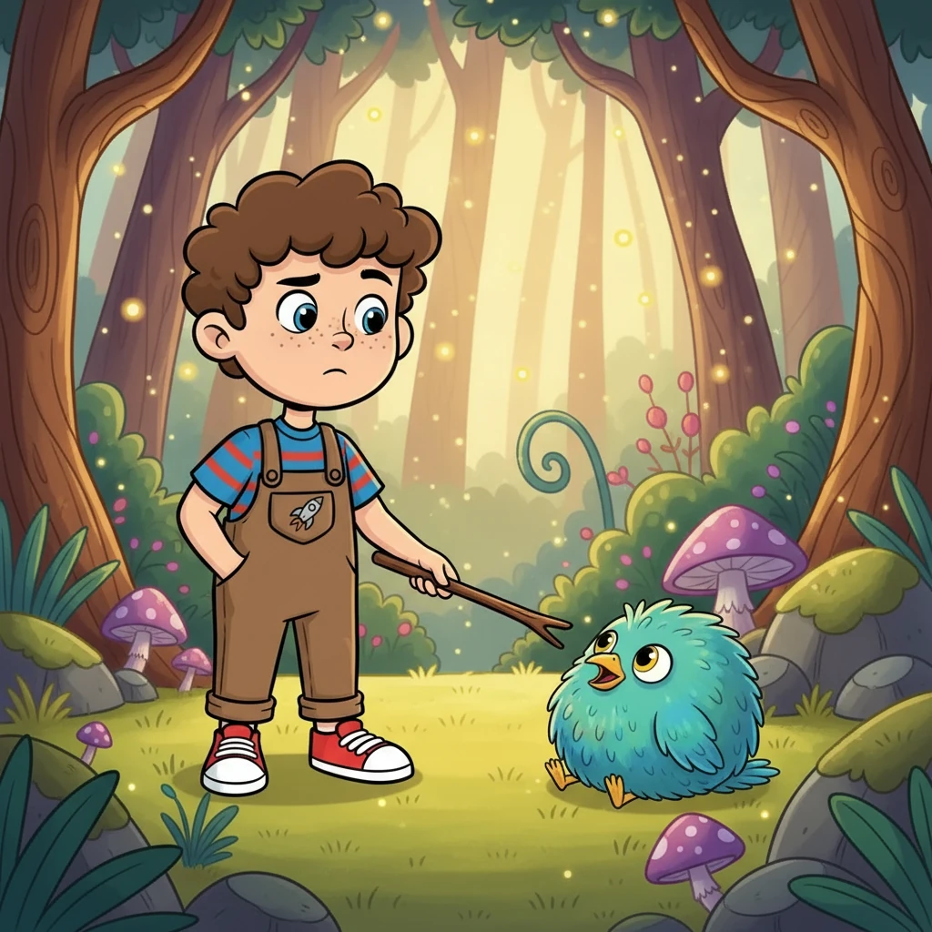 Clark was unsure what to make of this new visitor. He cautiously poked Bink with a stick, who responded with a series of chirps and whistles. Bink looked nothing like Clark and he didn't quite know what to do with him.