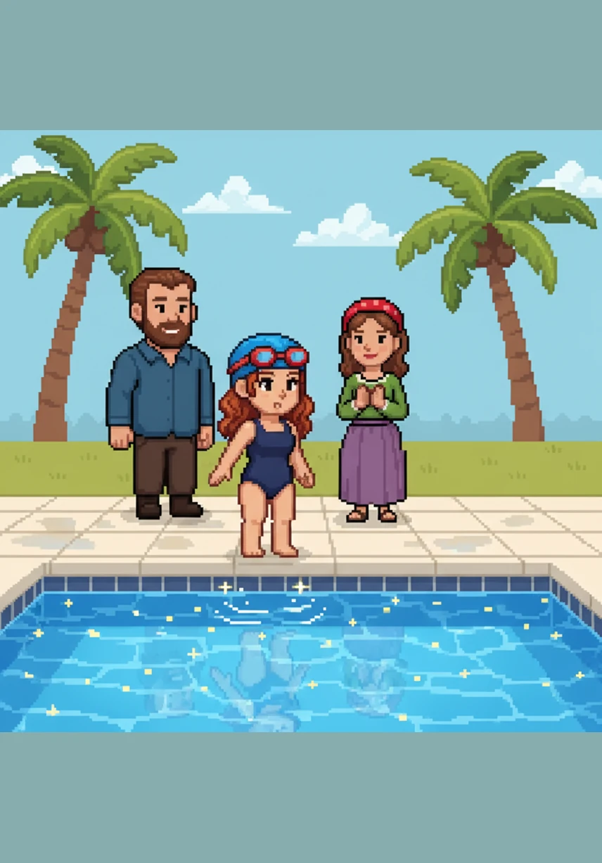 At the edge of the blue swimming pool, the water sparkled like diamonds under the bright sun. Hailey took a deep breath, adjusted her goggles, and felt the cool water tickle her toes as she prepared to jump in.