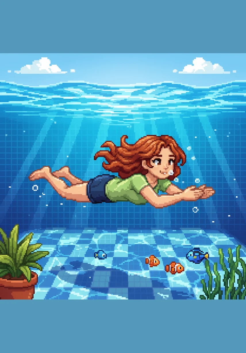 With a big splash, Hailey glided through the water, kicking her legs just like a little mermaid. She blew tiny bubbles and reached her arms forward, feeling strong and brave as she swam across the pool.