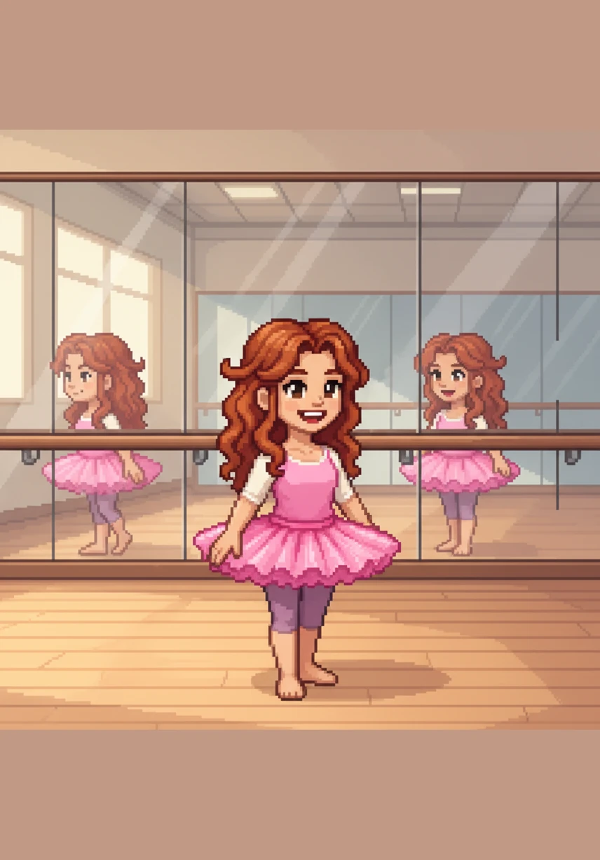 After drying off, Hailey put on her favorite pink tutu and stepped into the quiet dance studio. The wooden floor felt smooth under her feet, and the tall mirrors reflected her bright, excited smile.