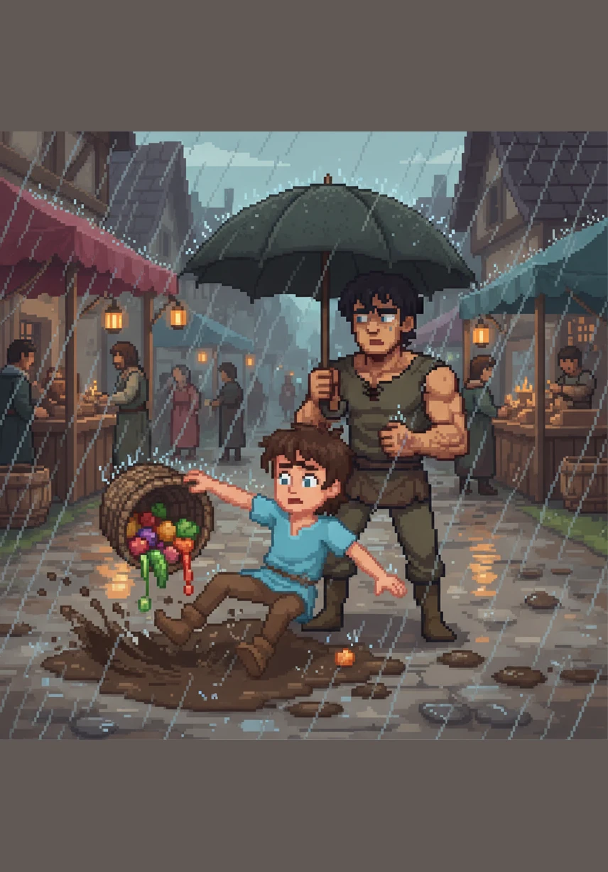 As rain begins to fall, Kiran slips on a patch of mud, his knees hitting the hard ground while the heavy stone threatens to crush his spirit. In the distance, he sees others walking on golden paths, appearing effortless and happy while he struggles in the shadows.