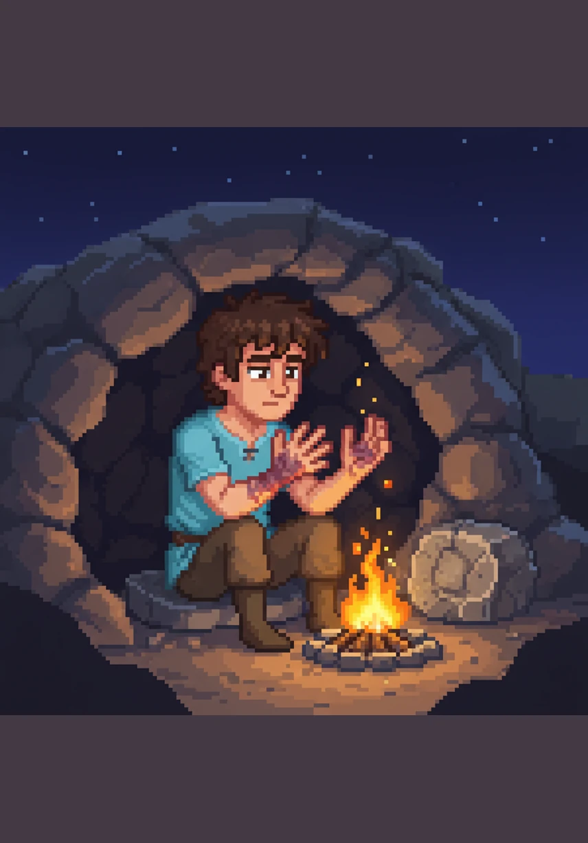 He sits by a small, lonely fire under a rocky ledge, staring at his bruised hands and wondering if he should just leave the stone behind. The silence of the night is filled with the tempting thought that giving up would be easier than facing another day of pain.
