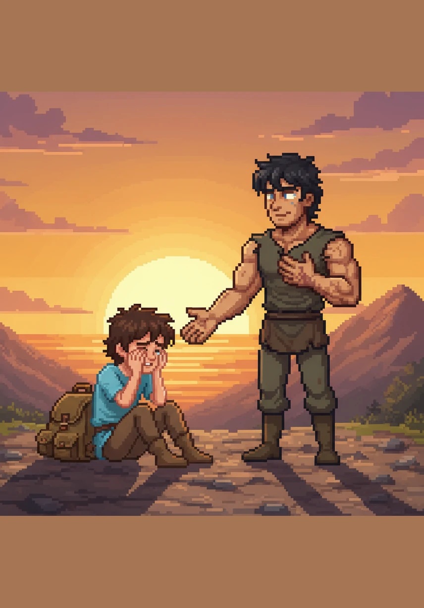 Standing against a magnificent golden sunset, Kiran meets a young traveler who is weeping over their own heavy burden. He reaches out a strong hand to help them up, sharing his story so that his past pain can become the reason someone else finds the strength to keep going.
