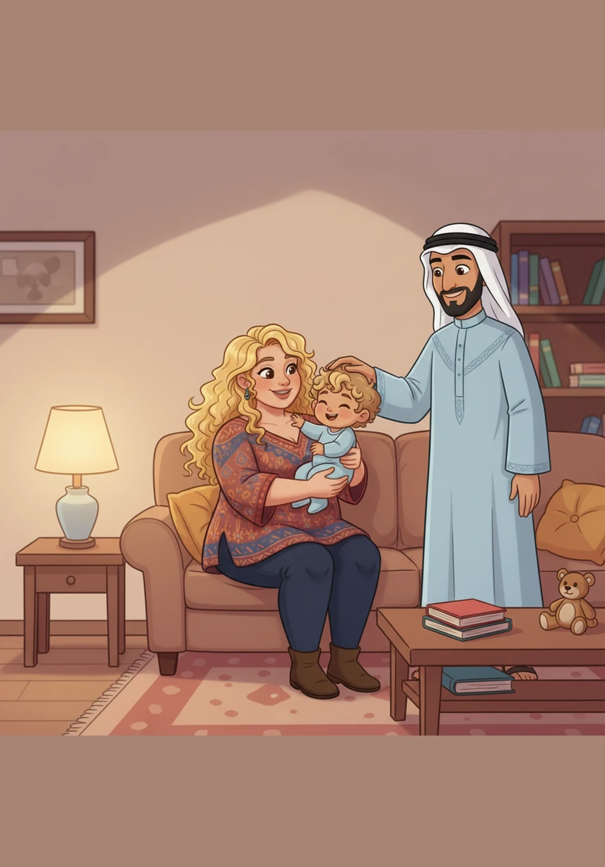 In a cozy house filled with warmth, Omar and Clara spend a quiet evening with their sweet baby, Leo. The sun is setting, painting the room in soft hues of orange and gold as the day winds down.