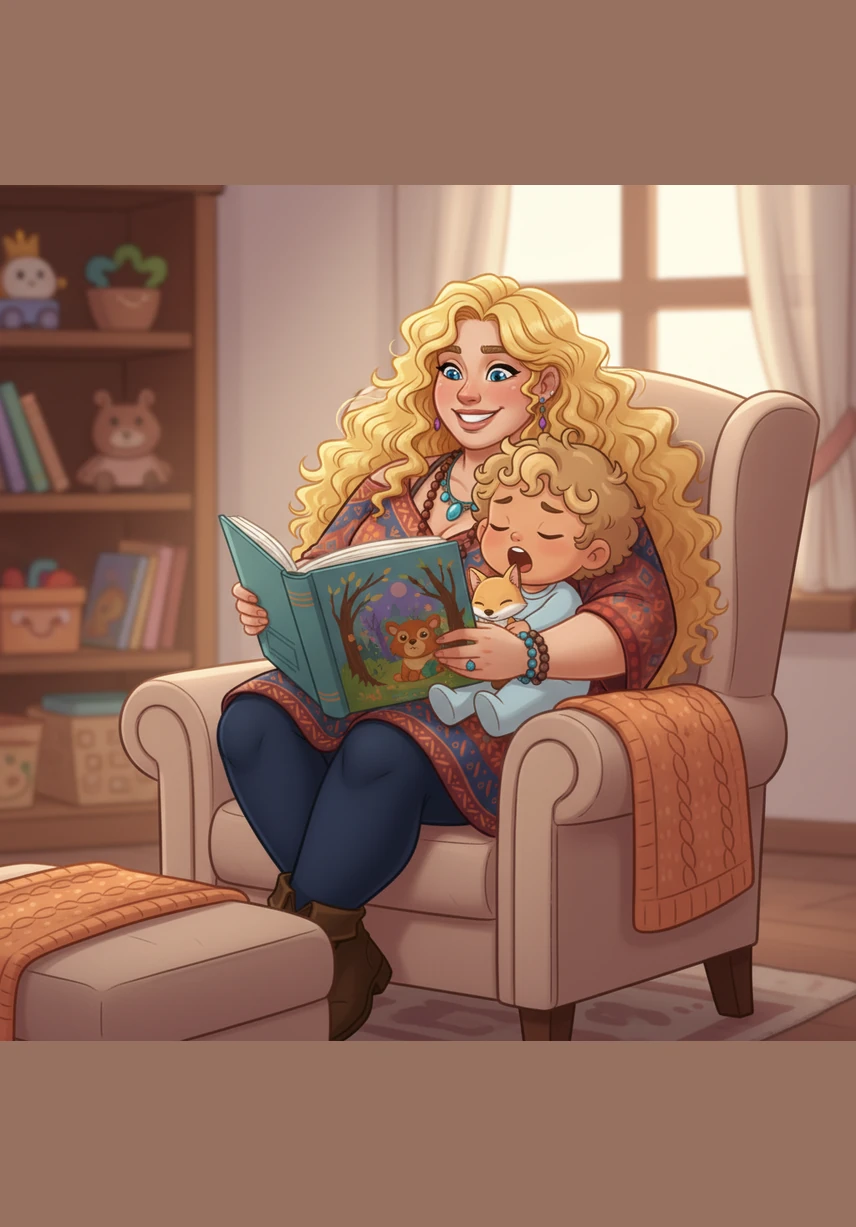 Clara, with her bright blonde hair and a cheerful smile, reads a colorful storybook to baby Leo. The little boy yawns, resting his head against his mother’s shoulder while Foxie the Spitz watches with curious eyes.