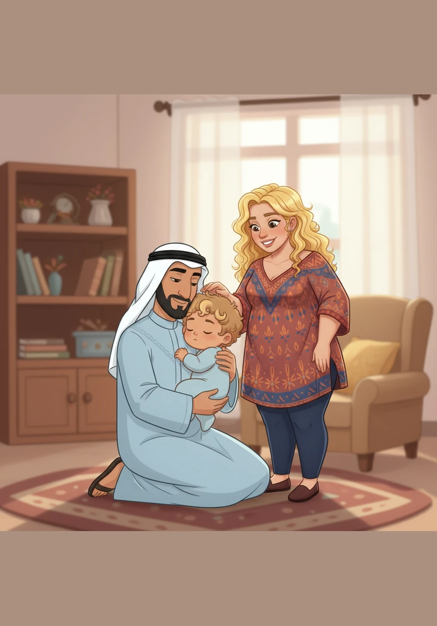 Omar, who has a kind face and a neat brown beard, gently lifts Leo into his arms to carry him to his crib. Their little dog, Foxie, follows closely behind, his red and white fur looking just like a tiny fox's coat.