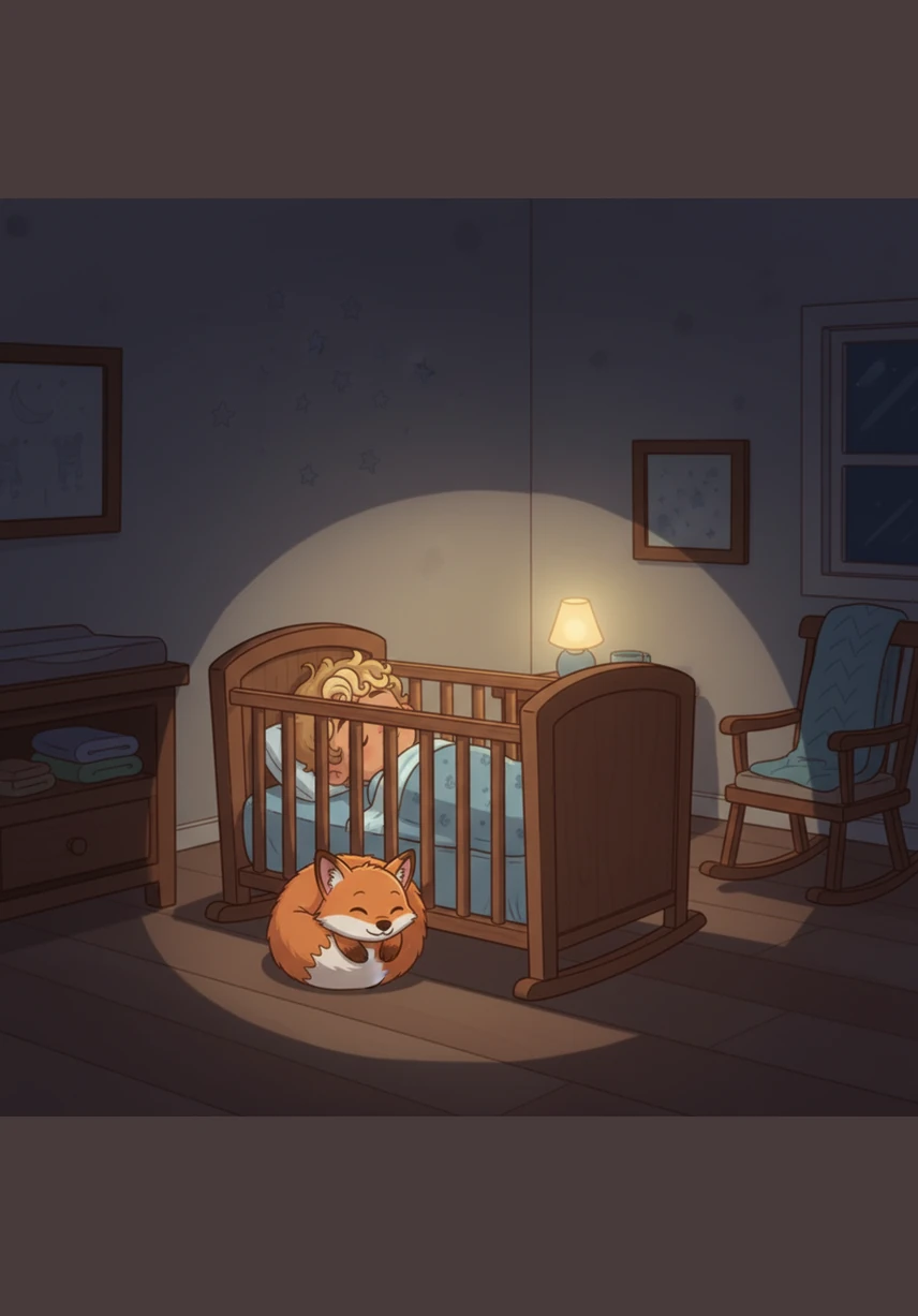 Foxie finally understands his mission and curls up into a fluffy ball at the foot of the crib. The house becomes perfectly still, and Leo’s breathing becomes slow and steady as he falls into a deep, peaceful sleep.
