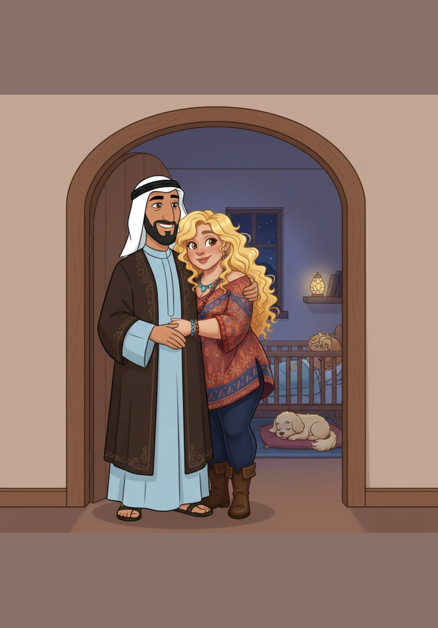 Omar and Clara stand in the doorway, watching their quiet baby and their loyal little dog. They share a happy smile and a gentle hug, grateful for their beautiful family and the silence of the night.