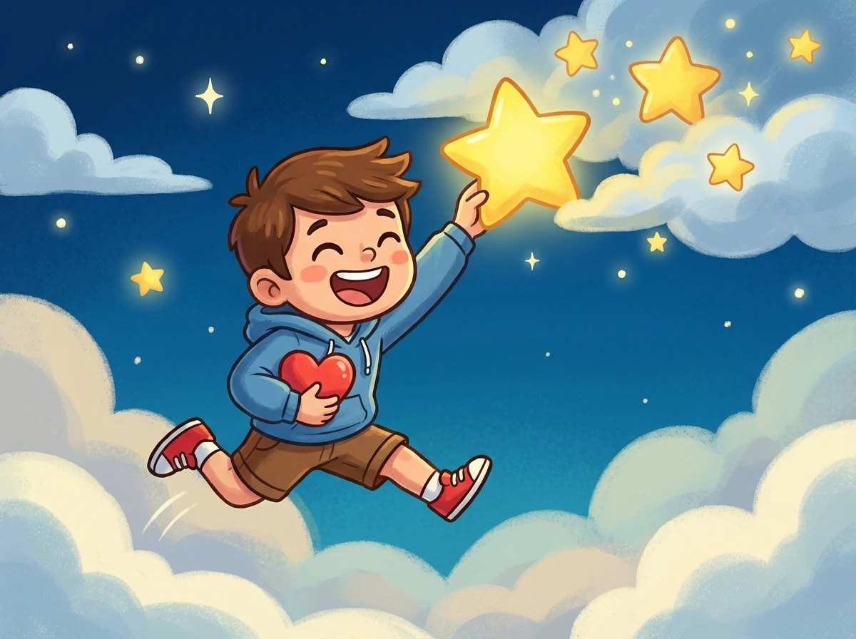 Benny discovered a crying cloud who was sad because he couldn't rain. Benny cheered him up with a funny joke, and the cloud rained rainbows!