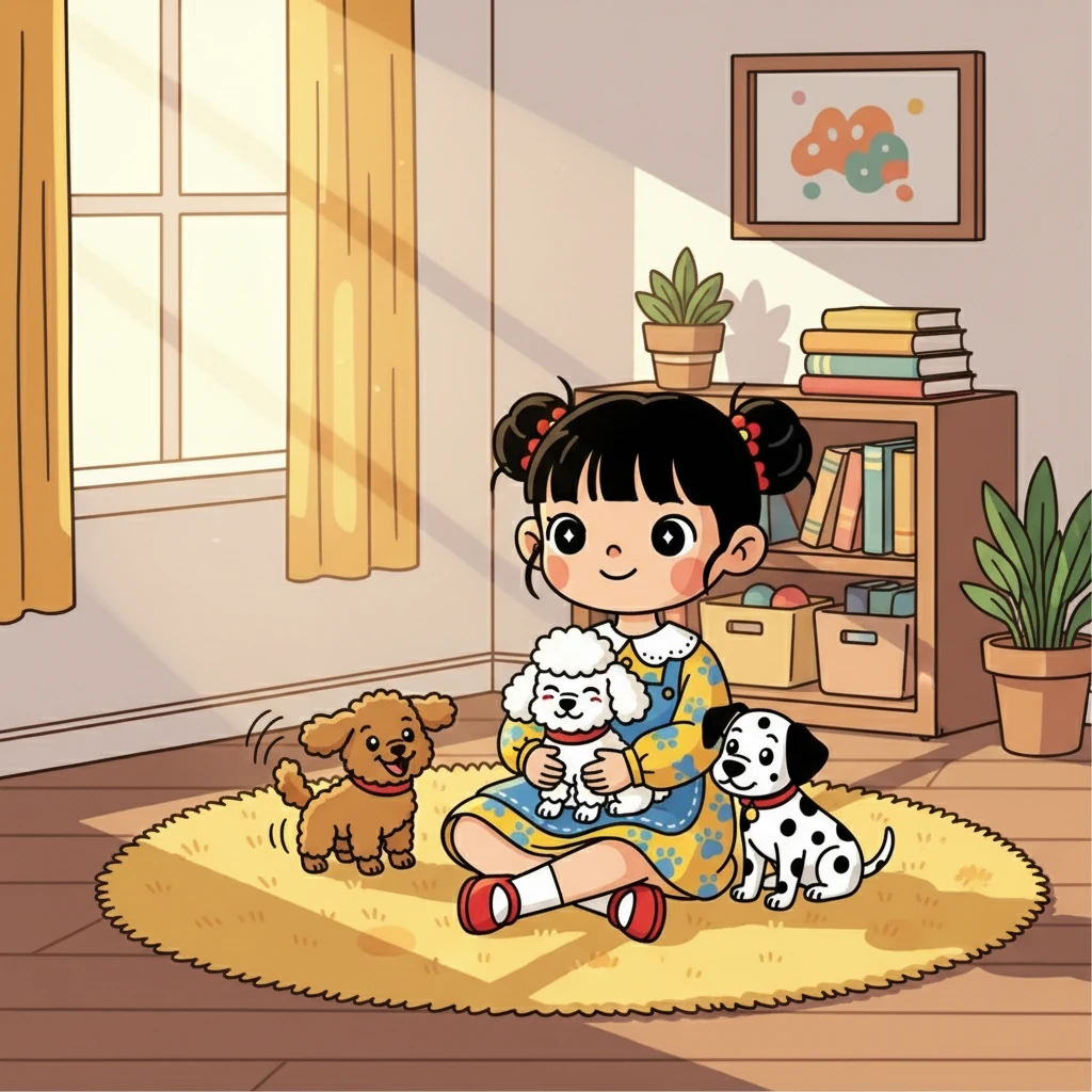 傍晚时分,夕阳的余晖洒进房间,小雅和她的狗狗们玩累了,坐在柔软的地毯上休息。 小黄兴奋地摇着尾巴,小黑则依偎在小雅的怀里。