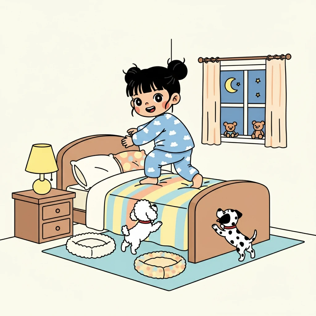 到了睡觉的时间,小雅换上舒适的睡衣,准备上床睡觉。 小黄和小黑也跟着她,仿佛知道这是他们最喜欢的时刻。