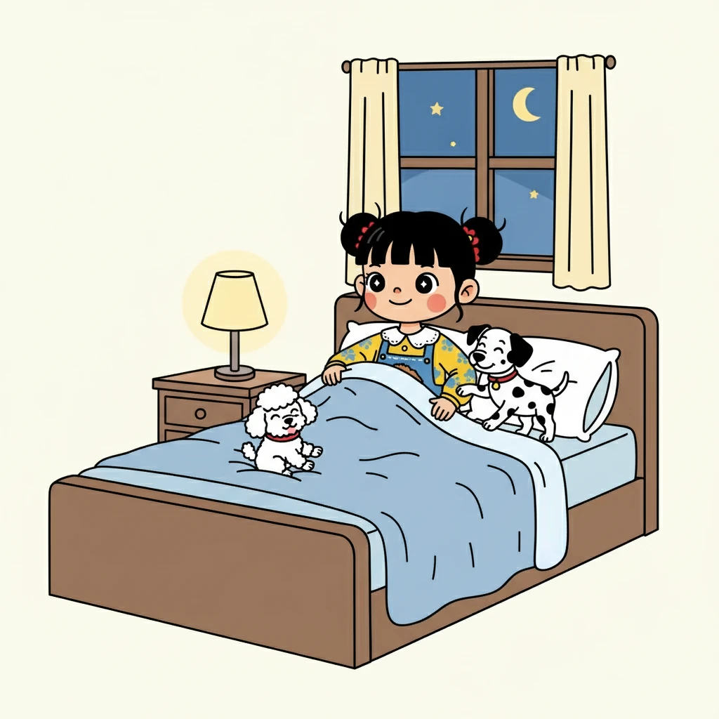 小雅轻轻地掀开被子,小黄和小黑立刻跳了上来,蜷缩在她的身边。 小黄挨着小雅的脚,小黑则枕在她的胳膊上。