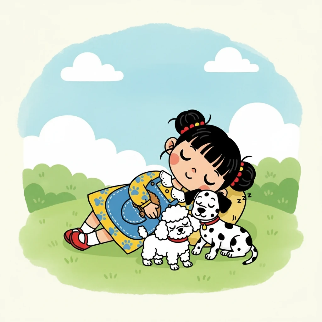 小黄和小黑闭上了眼睛,呼吸渐渐变得平稳。 小雅也闭上了眼睛,感受着狗狗们带来的温暖和安全感。