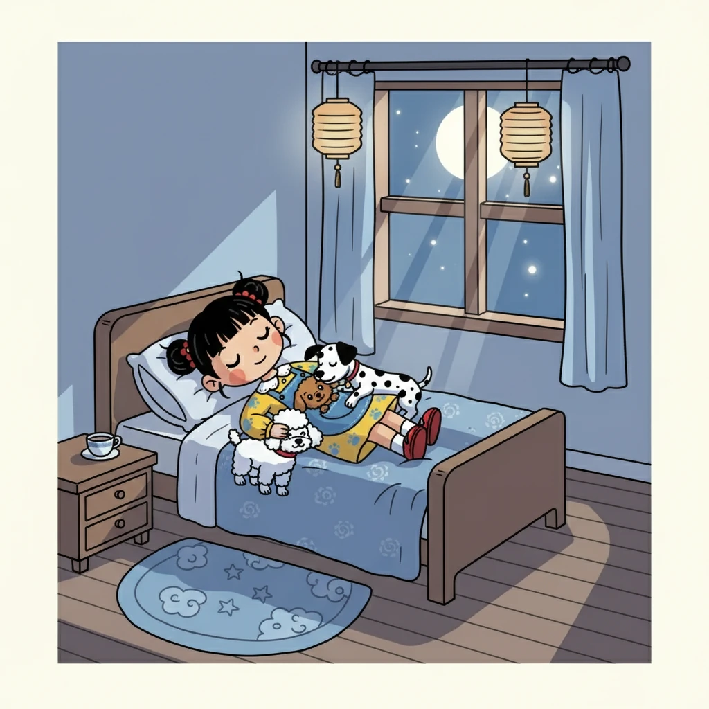 夜深了,月光透过窗户洒进房间,照亮了小雅和她的小狗们熟睡的脸庞。 他们依偎在一起,构成了一幅美好的画面。