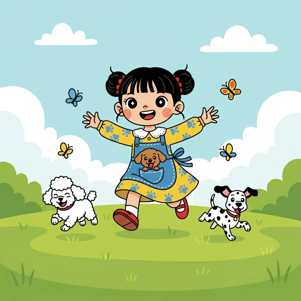 在梦里,小雅和小黄和小黑一起在草地上奔跑,追逐着蝴蝶。 他们开心地笑着,快乐地玩耍。