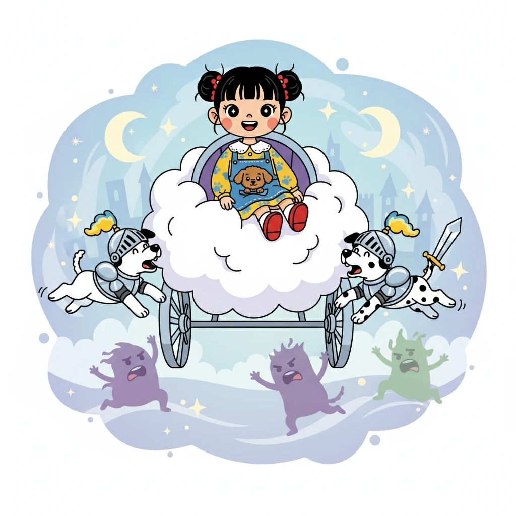 小黄和小黑变成了勇敢的骑士,保护着小雅,驱赶着梦中的坏蛋。 小雅感到无比的幸福和安全。