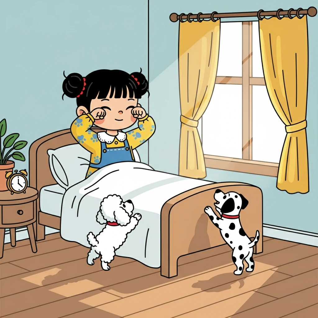 清晨,阳光透过窗帘照进房间,小雅揉了揉惺忪的睡眼。 小黄和小黑已经醒了,热情地摇着尾巴,欢迎着新的一天。