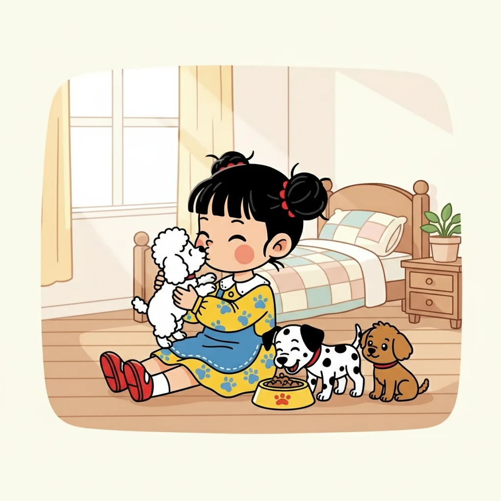 小雅起床后,轻轻地亲了亲小黄和小黑,开始了新的一天。 他们一起吃早餐,一起玩耍,一起分享快乐。