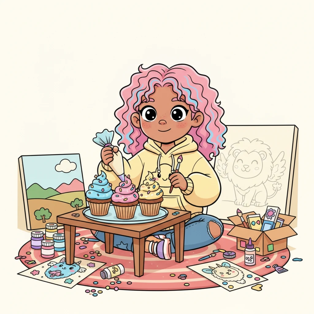 Lila Lens loved to create! Her little room was a whirlwind of glitter, glue, and fantastic ideas, brimming with half-finished masterpieces waiting to burst into life. She could spend hours drawing fantastical creatures or baking cupcakes with towering, colorful frosting.