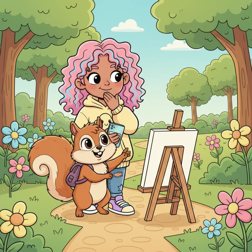 Lila felt a flutter of shyness. 'Why don't you share your amazing creations too?' cheered her best friend, Pip, a bubbly squirrel, with a playful nudge, making Lila giggle and consider the exciting possibility.