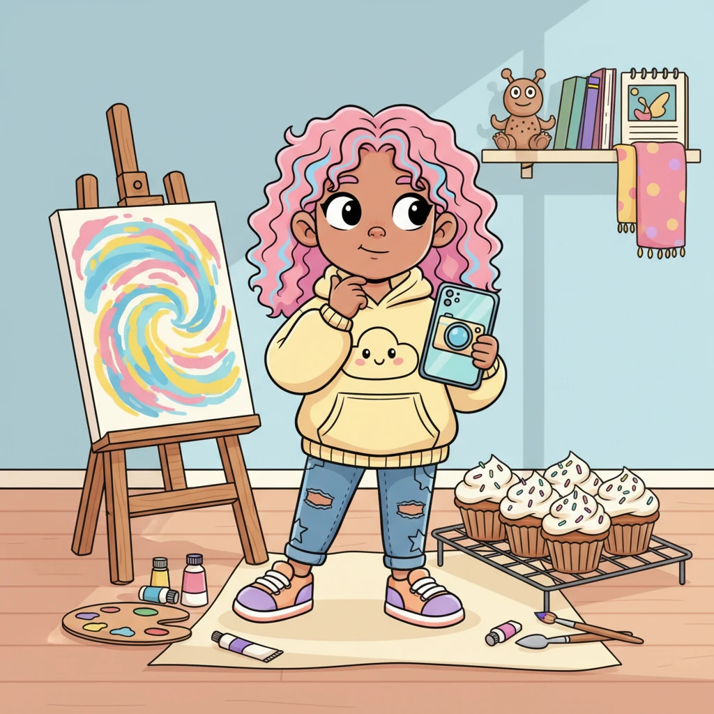Suddenly, Lila's imagination whirred! She looked around her room at all her wonderful projects, from swirly painted canvases to a batch of super-sprinkled cupcakes, trying to decide what her very first post would be.