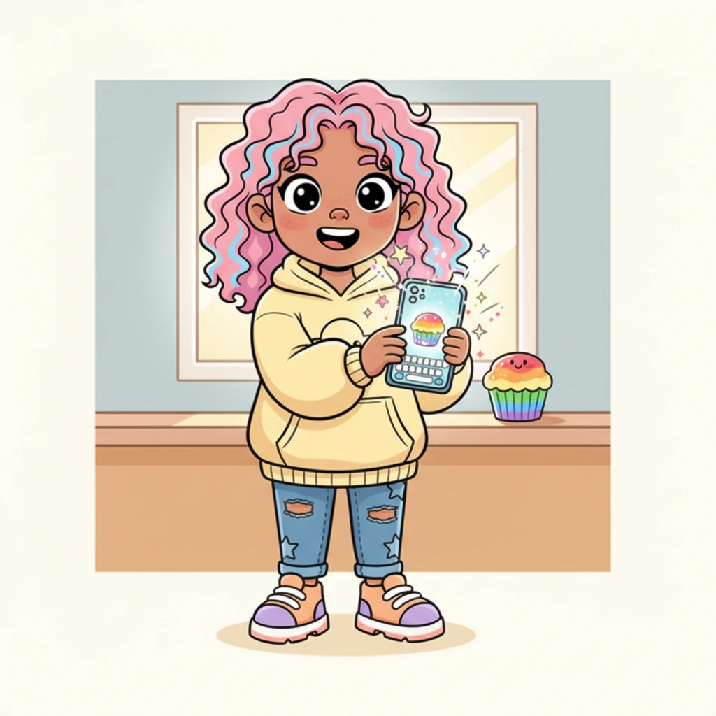 Next, Lila explored all the fun filters, giggling as she added a 'Sparkle Pop' effect that made her cupcake shimmer like a tiny galaxy. She typed a playful caption: 'My first ever Insta-Share! Hope it makes you smile! #SweetTreats #RainbowBake'.