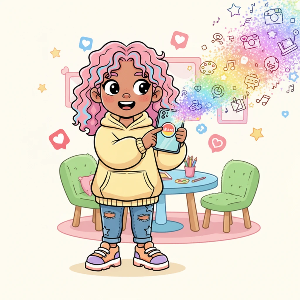 Her finger hovered over the 'Share' button, her heart doing a little happy jig. With a final, brave breath, she tapped it, sending her colorful creation out into the big, wide world of Insta-Share.