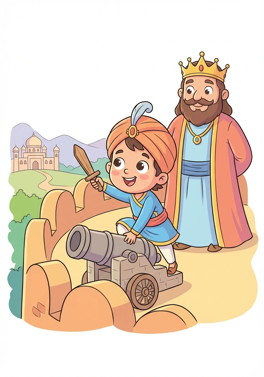 In the majestic kingdom of Mewar, young Veer Pratap loved playing in the forts and learning about the brave warriors of his land. He admired his father, the king, and dreamt of protecting his people.