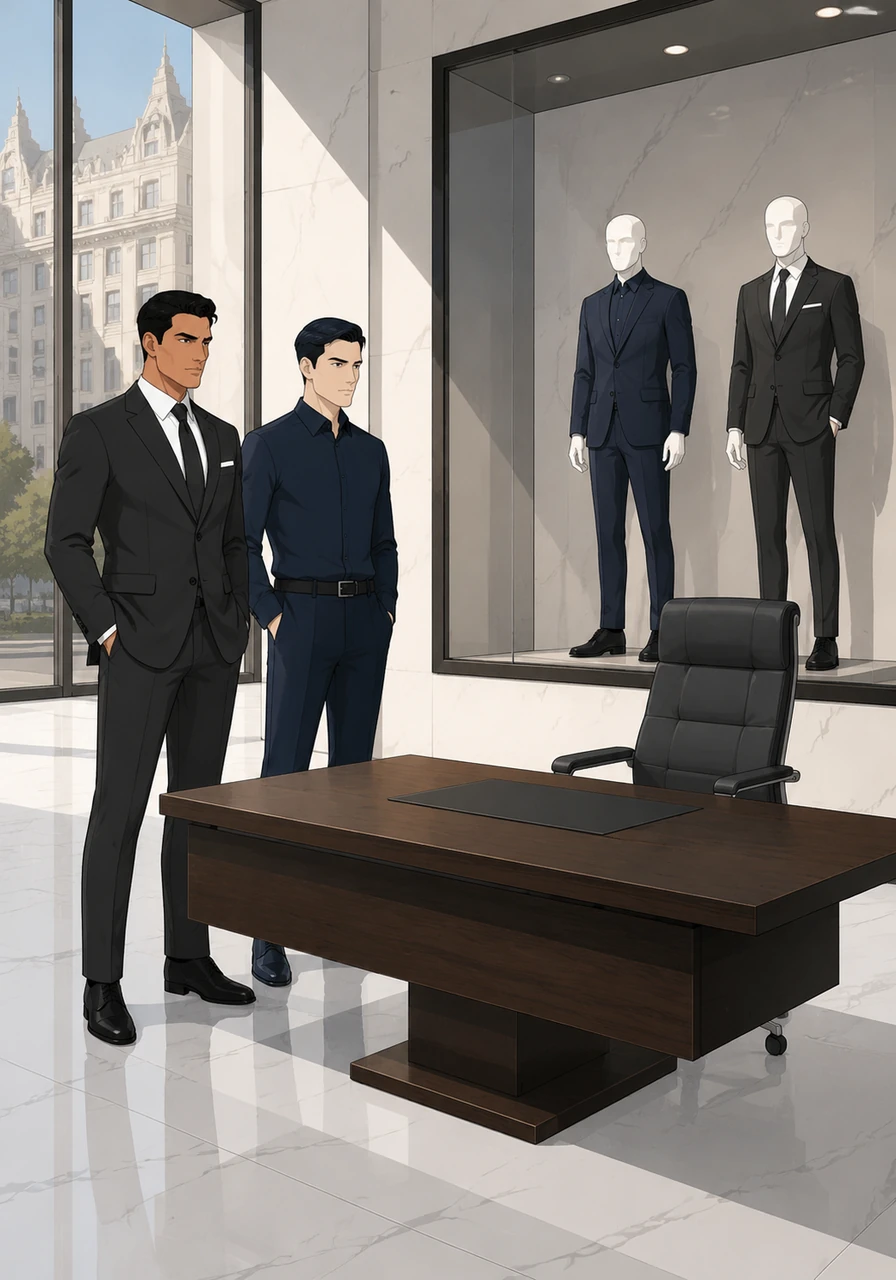 The morning sun glints off the polished white marble of a high-end department store, where a window display stands as a silent monument to modern success. A minimalist dark walnut desk floats in the center, waiting for a leader to take their seat in the charcoal grey office chair.