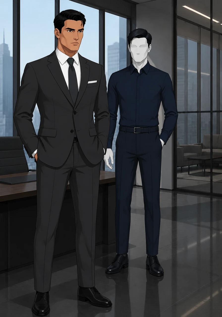 Julian Vance, a mannequin of silent authority, stands tall in a sharp charcoal two-piece suit. Every fold of his silk tie and every crisp line of his white shirt speaks to a standard of excellence that brooks no compromise in the world of high finance.