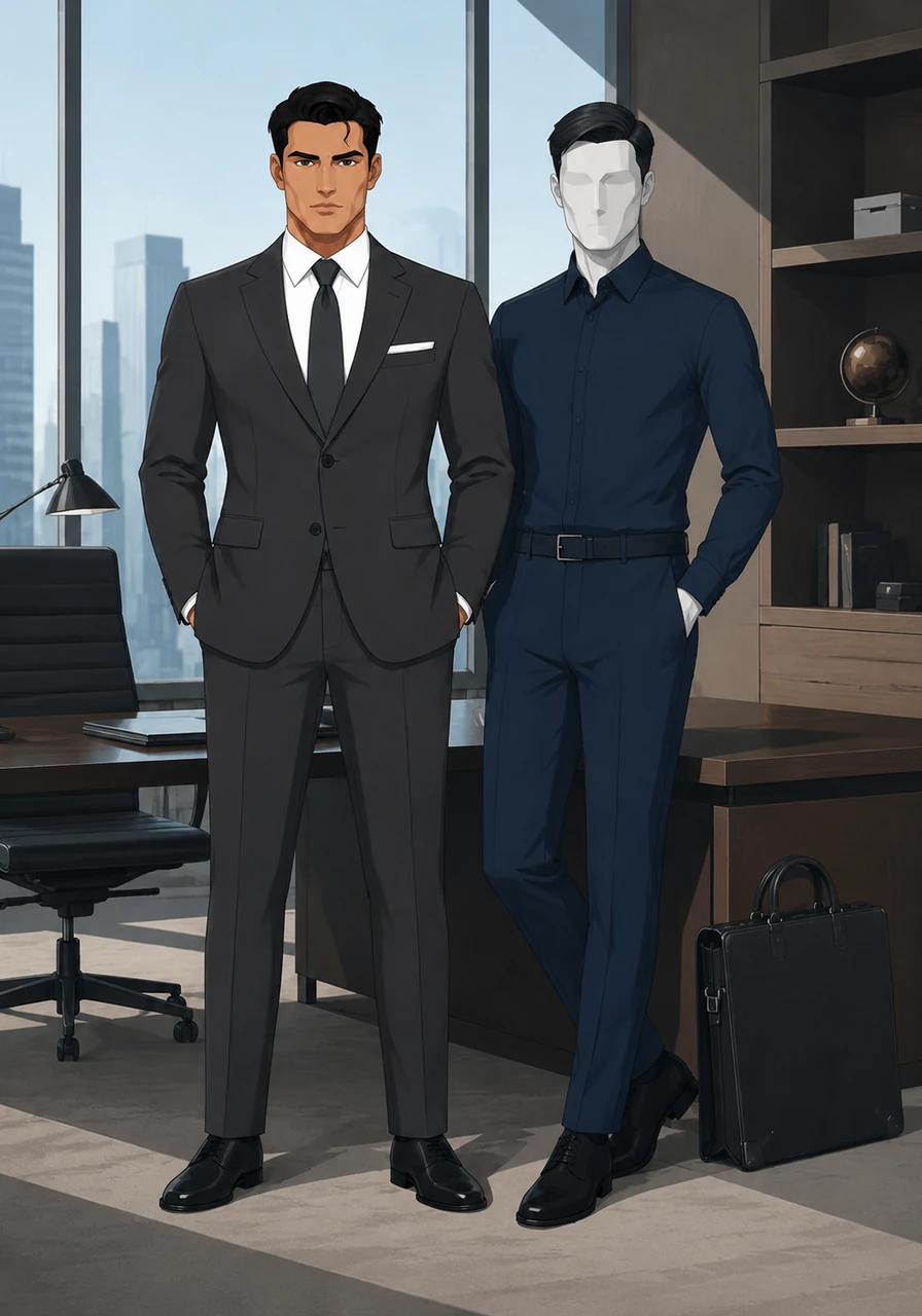 Beside him, a companion in a deep navy slim-fit shirt and tailored trousers represents the versatile energy of the modern executive. A slim leather briefcase rests against the desk leg, appearing ready for a day filled with high-stakes decisions and global strategy.