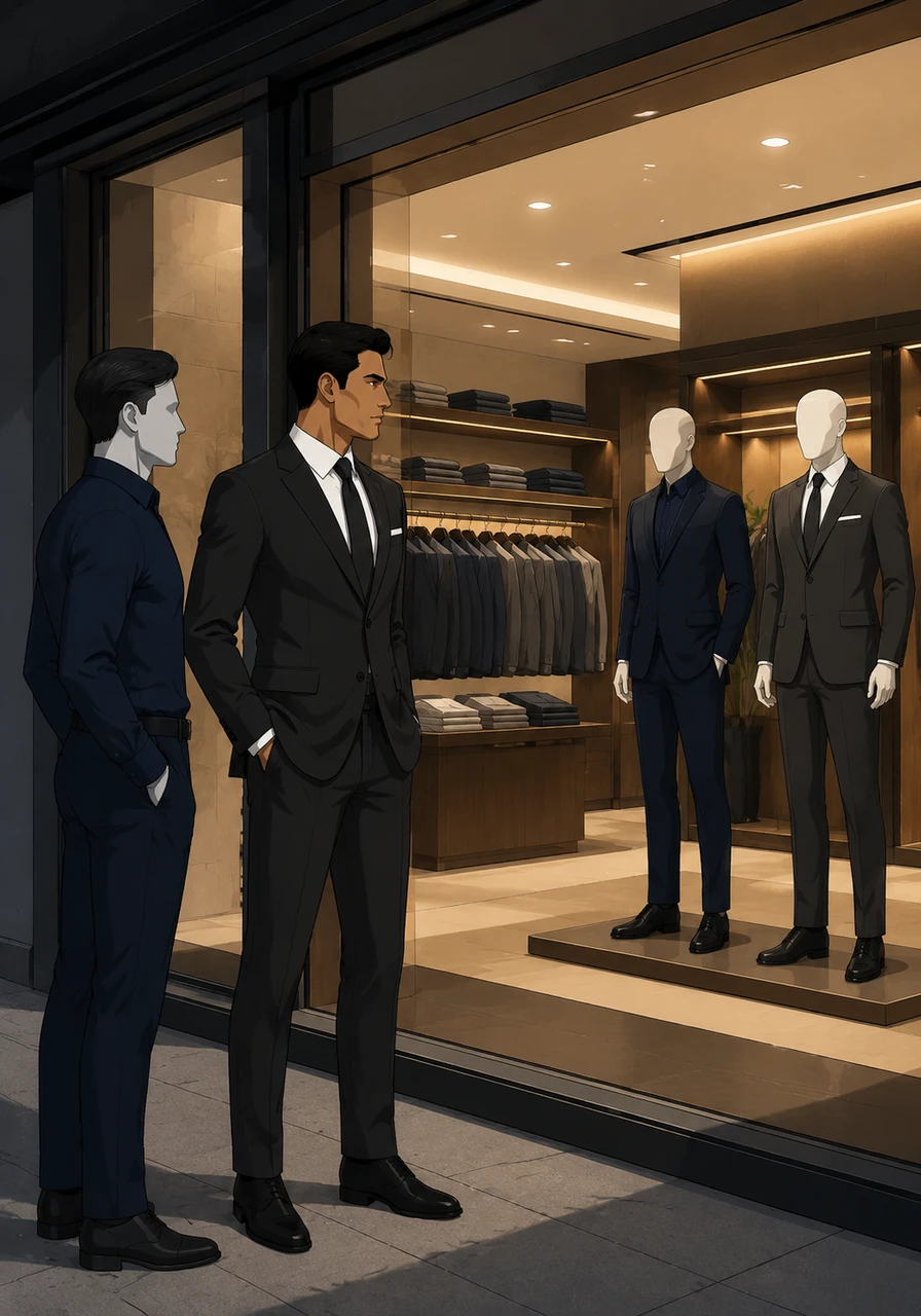 Through the open-back window, the interior of the premium store reveals itself, showing racks of perfectly aligned suits bathed in soft, inviting light. This transparency invites the world to see the craftsmanship and heritage that exists behind the glass pane.