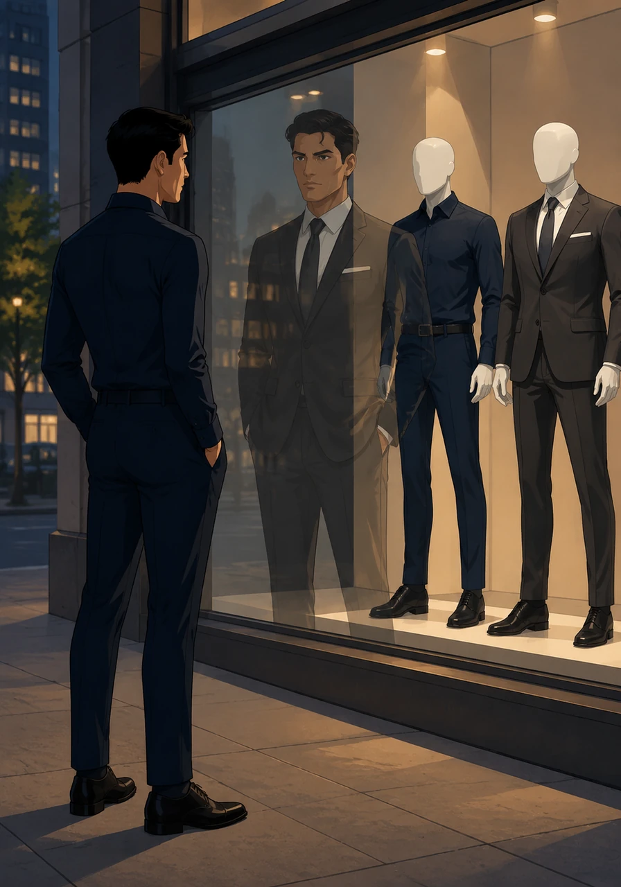 A young professional stops on the sidewalk, his own reflection merging with Julian’s silhouette as he contemplates his upcoming board meeting. The window is more than just a retail display; it is a vision of the person he is working hard to become.