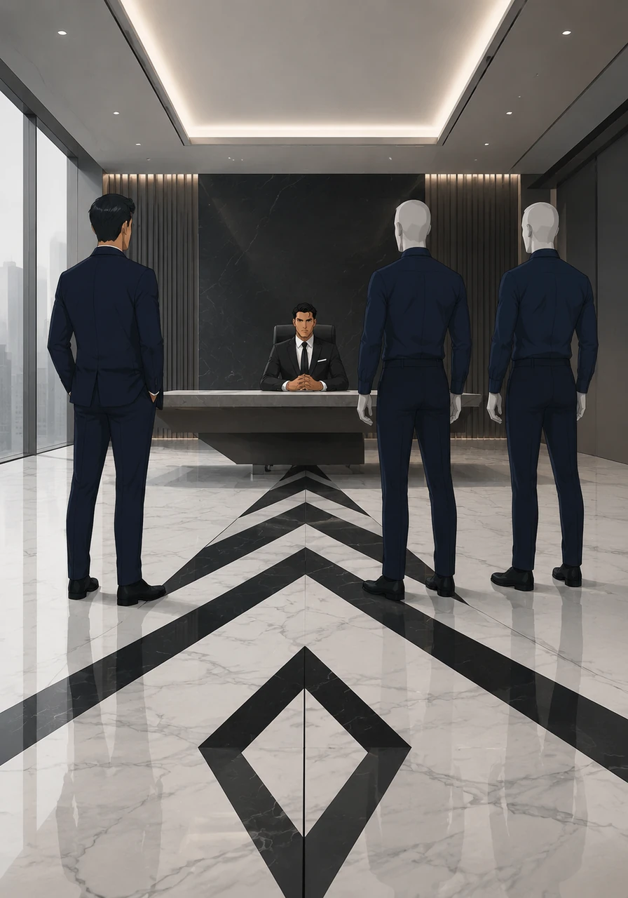 The dark geometric inlay on the marble floor leads the eye toward the floating desk, emphasizing a path of precision and order. In this boardroom aesthetic, there is no room for clutter, only the clarity of a focused and determined mind.