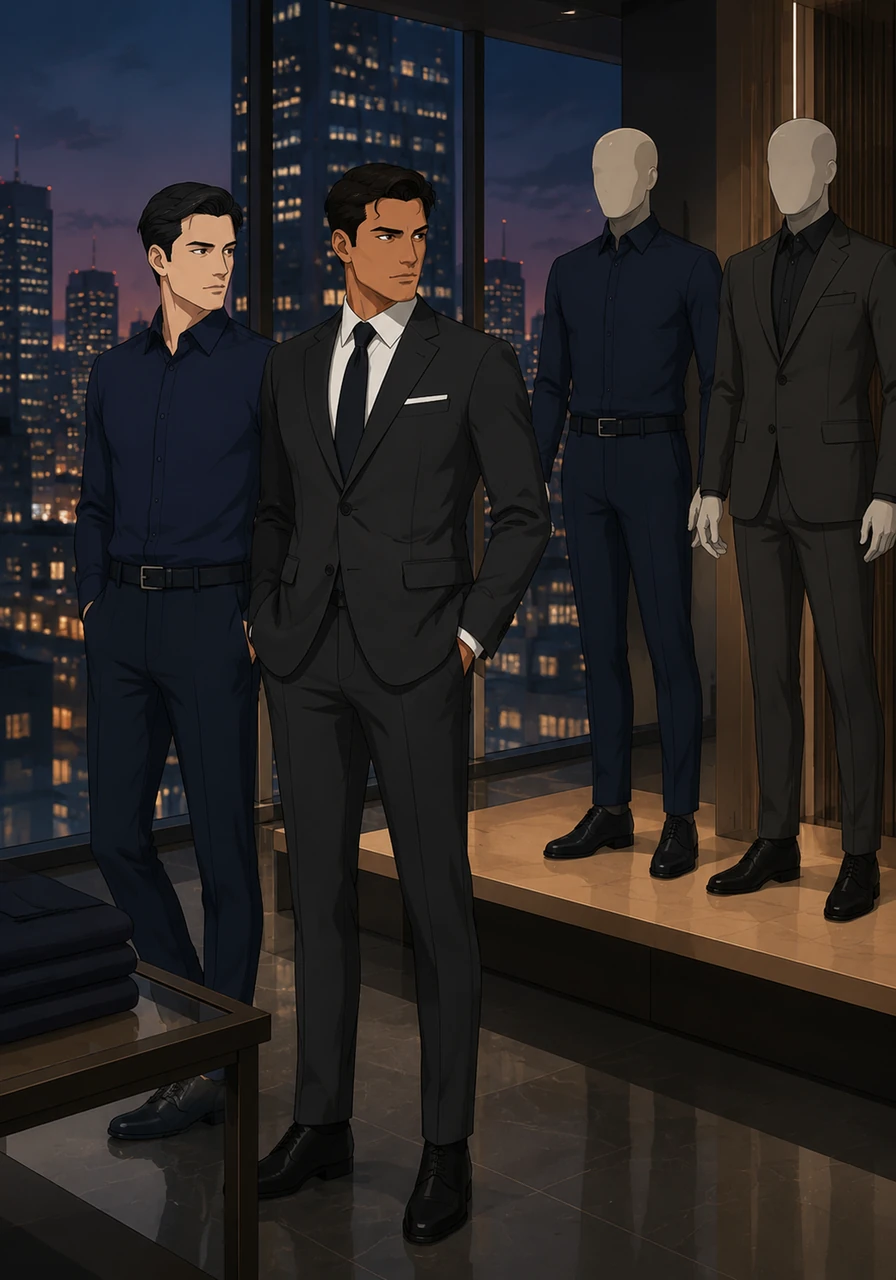 As evening approaches, the city lights begin to dance on the glass, adding a layer of urban energy to the refined scene. The charcoal and navy tones of the clothing deepen in the twilight, exuding an aura of quiet power and timeless sophistication.