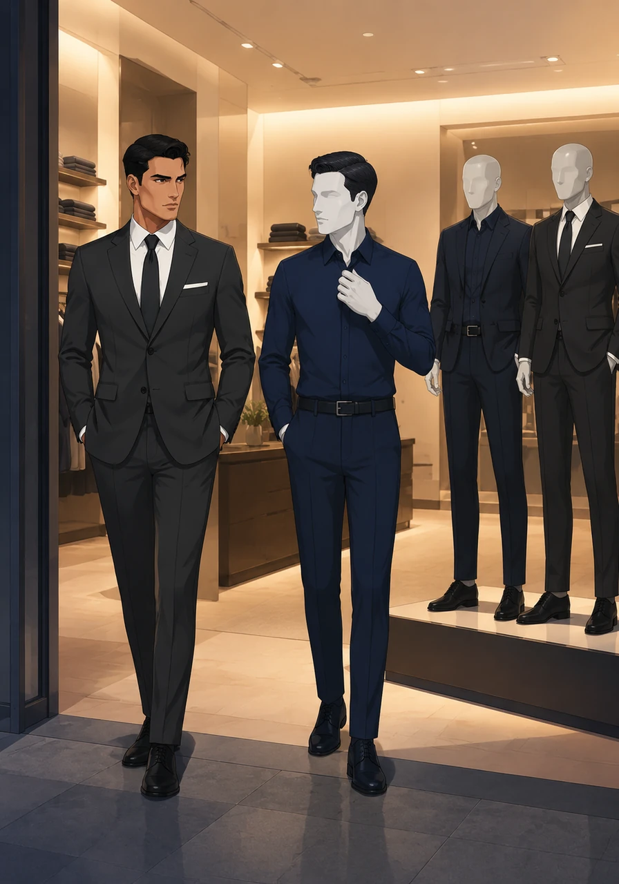 Inside the store, the warm white light creates an inviting contrast to the sharp, editorial shadows of the window display. The transition from the street to the showroom feels like stepping into a sanctuary of style and professional mastery.