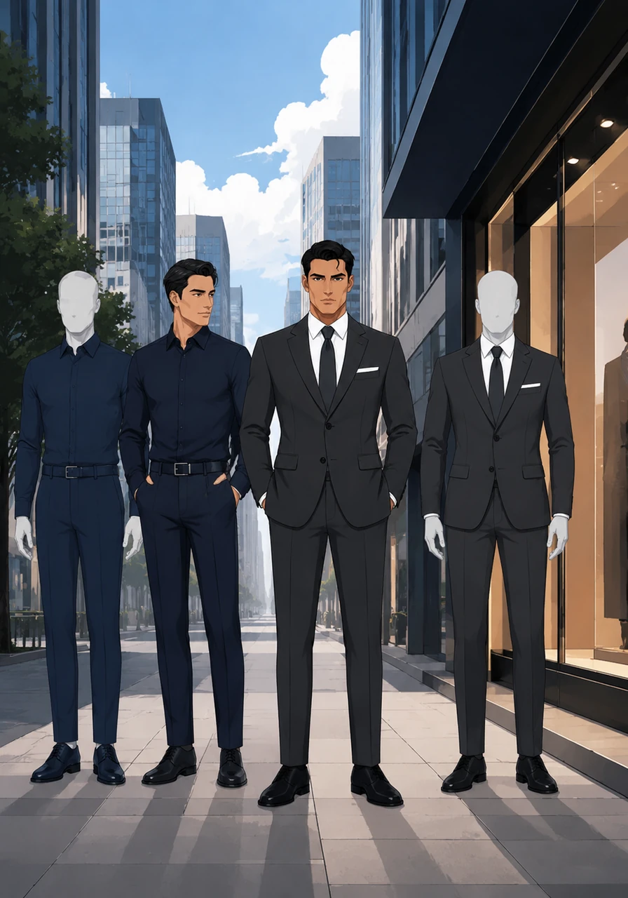 The final street-level view captures the entire composition in a wide-angle perspective, a breathtaking tableau of sartorial excellence. Julian Vance remains at the center, a timeless icon of the modern gentleman’s journey toward the top of the corporate ladder.