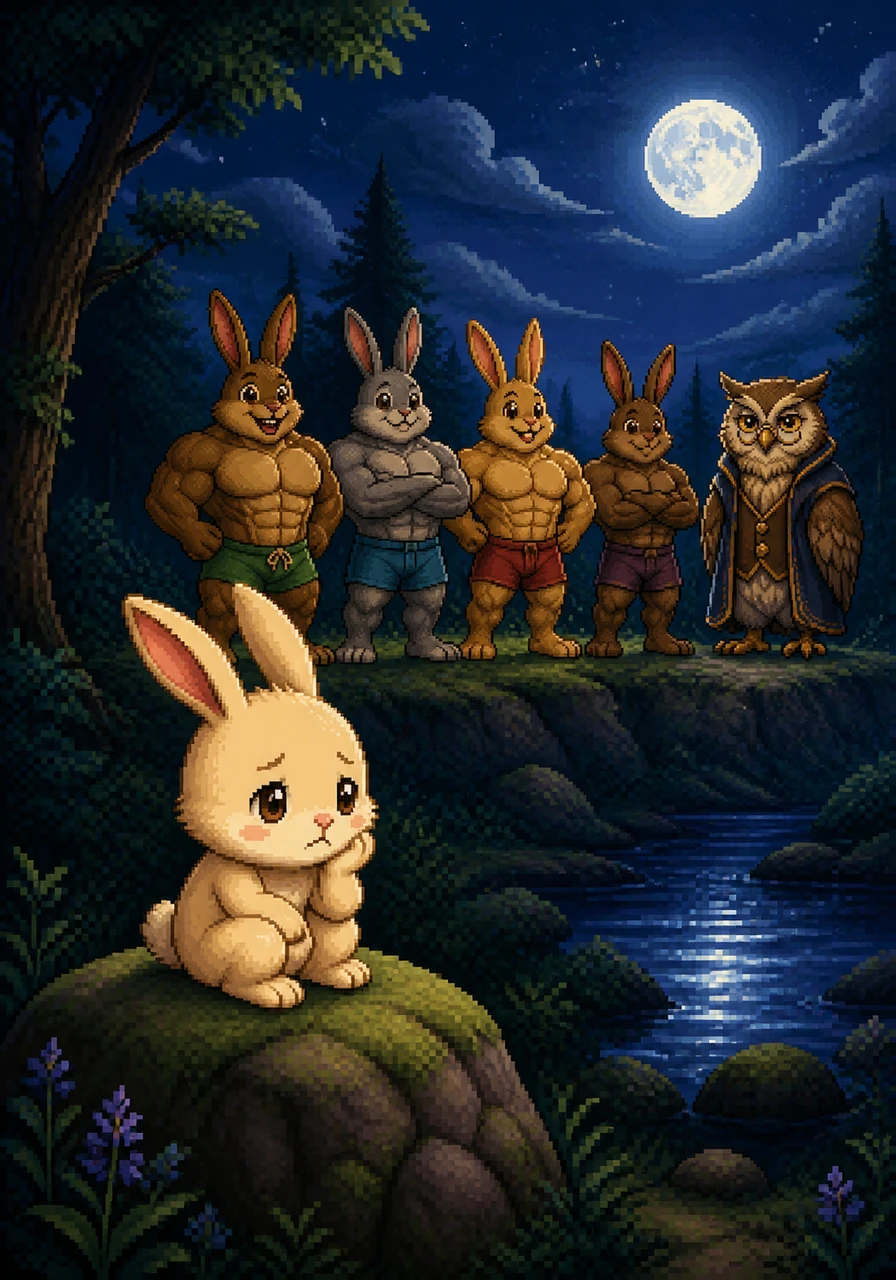 Every night, Bibo sat on a mossy rock and gazed at the silver moon with a heavy heart. He sighed deeply, wishing with all his might that he could be big and powerful like his brothers instead of being the smallest rabbit in the woods.