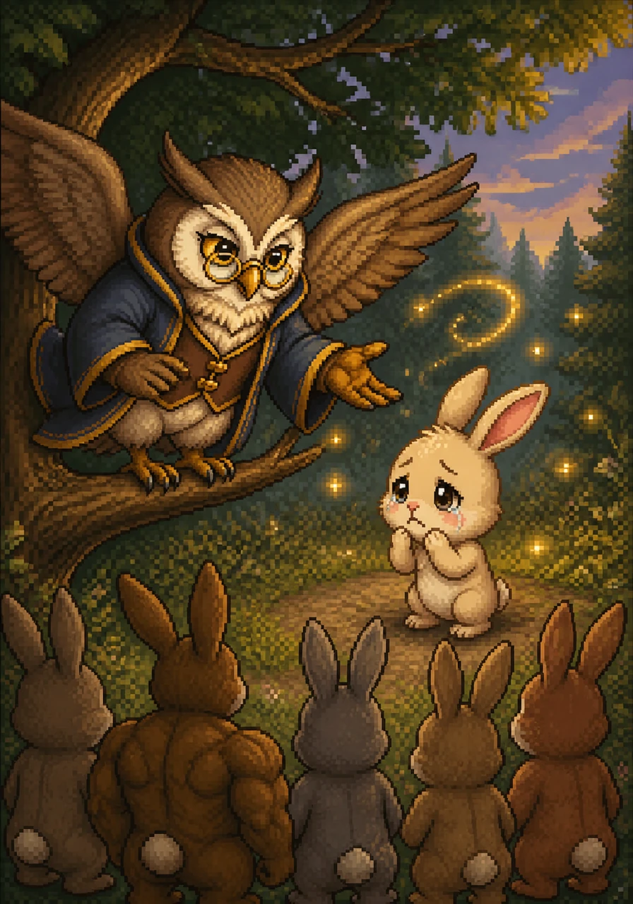 A wise old owl named Magus, wearing large round glasses on his beak, heard Bibo’s quiet sobs from a nearby branch. He fluttered down and offered to help the little rabbit reach his dream of becoming big through the power of ancient magic.