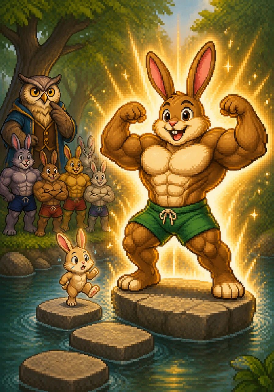 Bibo nervously hopped onto the first stone, but stayed the same size; then he took a brave leap onto stone number two. Suddenly, a flash of light surrounded him, and he instantly grew four times larger, feeling stronger than ever before.