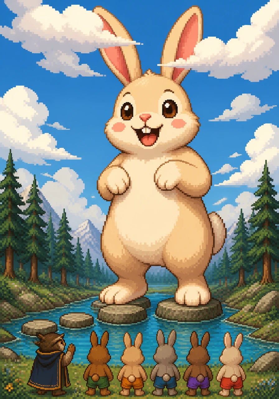 With newfound confidence, Bibo jumped onto stones three and four, growing exponentially with every hop and pop. He became a colossal rabbit, towering over the tallest trees, his long ears brushing against the soft white clouds in the sky.