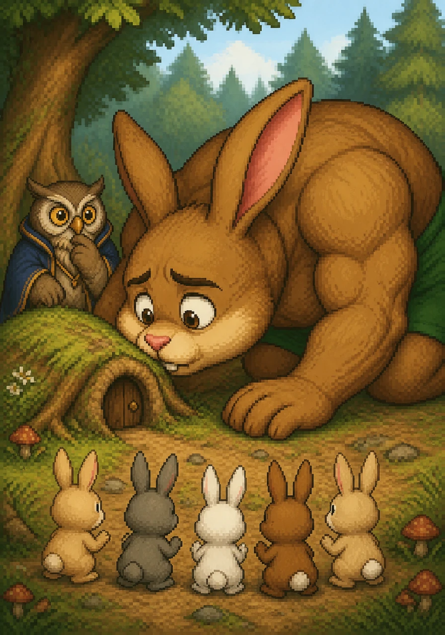 When the giant Bibo returned to his family's clearing, his excitement turned to worry as he looked at his home. He tried to crawl inside, but his favorite burrow was now far too tiny for his massive body to even fit his nose inside.