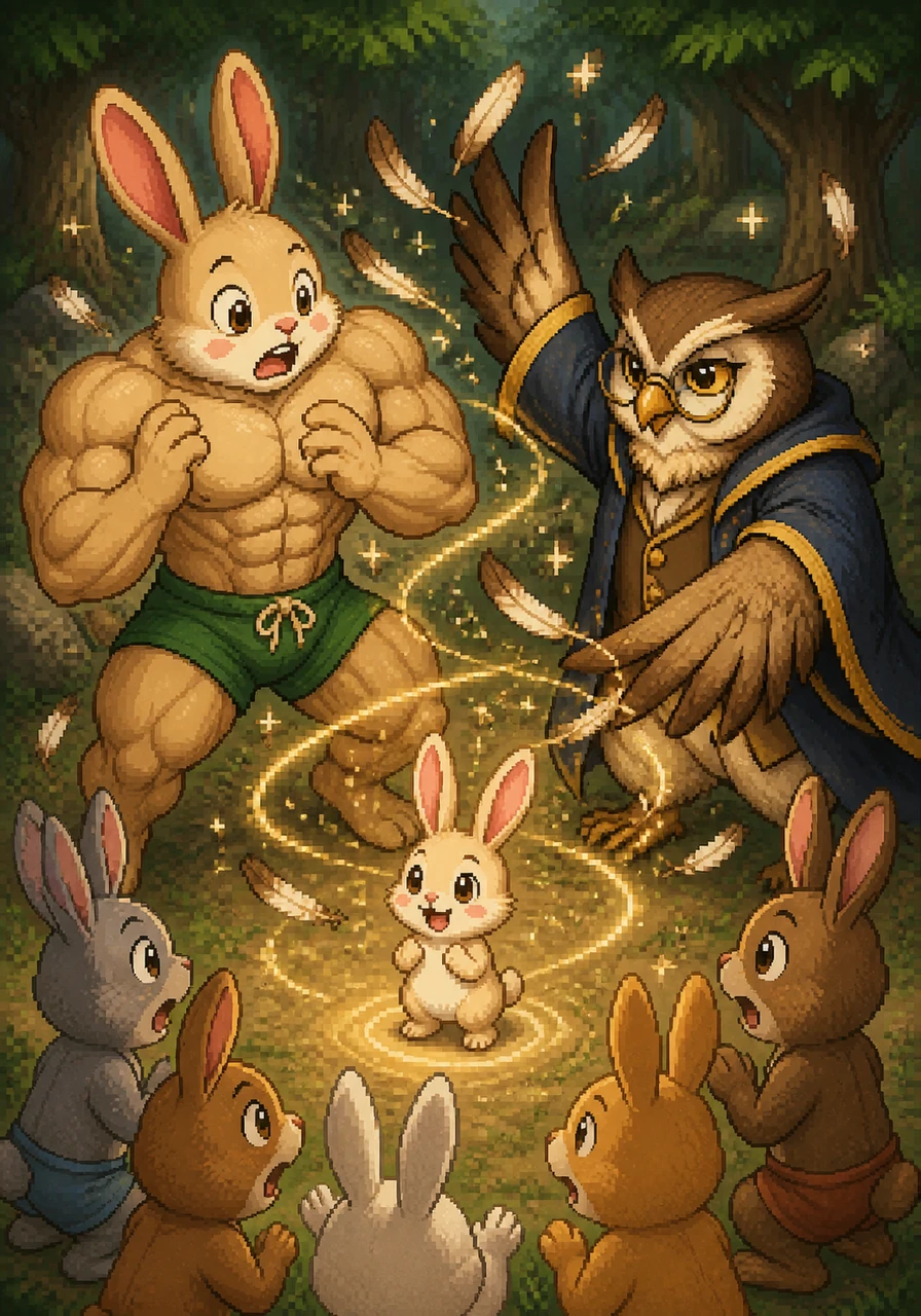 Magus appeared in a flurry of feathers and told Bibo not to fear, for the magic of the square root could reverse the spell. The owl chanted a rhythmic rhyme and waved his wings, causing Bibo to shrink back down to his original, adorable size.