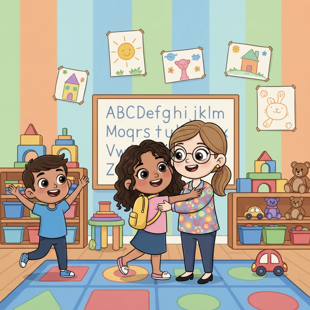 At school, Nia greeted her teacher, Ms. Lily, with a big hug, her bright yellow backpack bouncing. Her best friends, Leo and Maya, waved excitedly from the colorful carpet, eager to start the day's fun. The classroom was a riot of cheerful colors, with drawings taped everywhere and toys neatly arranged. Vibrant cartoon style illustration of Nia, wearing a bright yellow backpack, hugging a smiling teacher with a kind face. Two friends, Leo and Maya, wave from a colorful carpet in a classroom filled with exaggeratedly bright decorations and toys. Bold, clean outlines, expressive faces, and dynamic, welcoming poses. Cheerful colors and a lighthearted, friendly atmosphere.