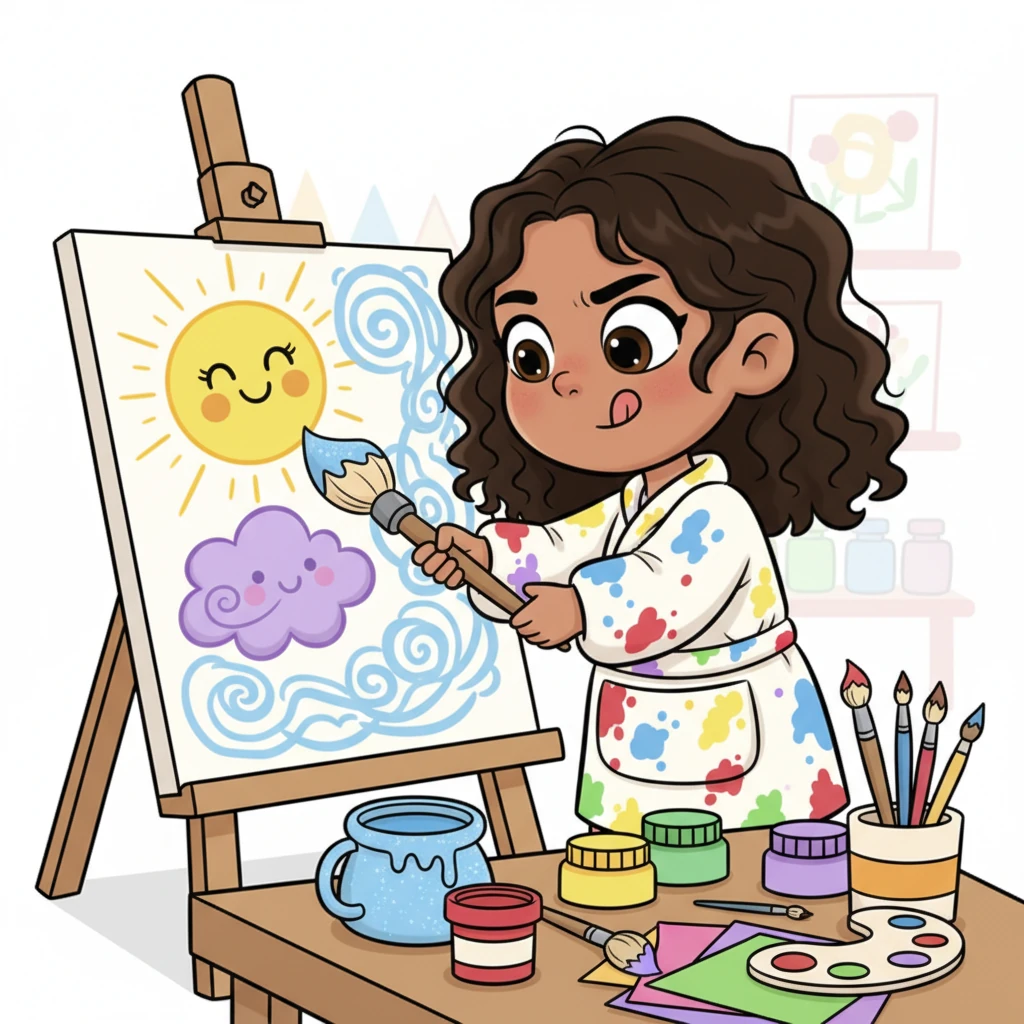 During art time, Nia dipped her brush into a pot of sparkly blue paint, creating a magnificent swirly sky on her paper. Her tongue peeked out in concentration as she added a giant, smiling sun and a playful purple cloud. Splashes of bright color adorned her smock, a testament to her creative masterpiece. Vibrant cartoon style illustration of Nia, with a concentrated expression, painting a whimsical sky with a big, smiling sun and a purple cloud. Her smock has exaggerated paint splatters. Bold, clean outlines, bright cheerful colors, and a dynamic, playful pose. The art supplies are oversized and colorful, adding to the whimsical aesthetic.