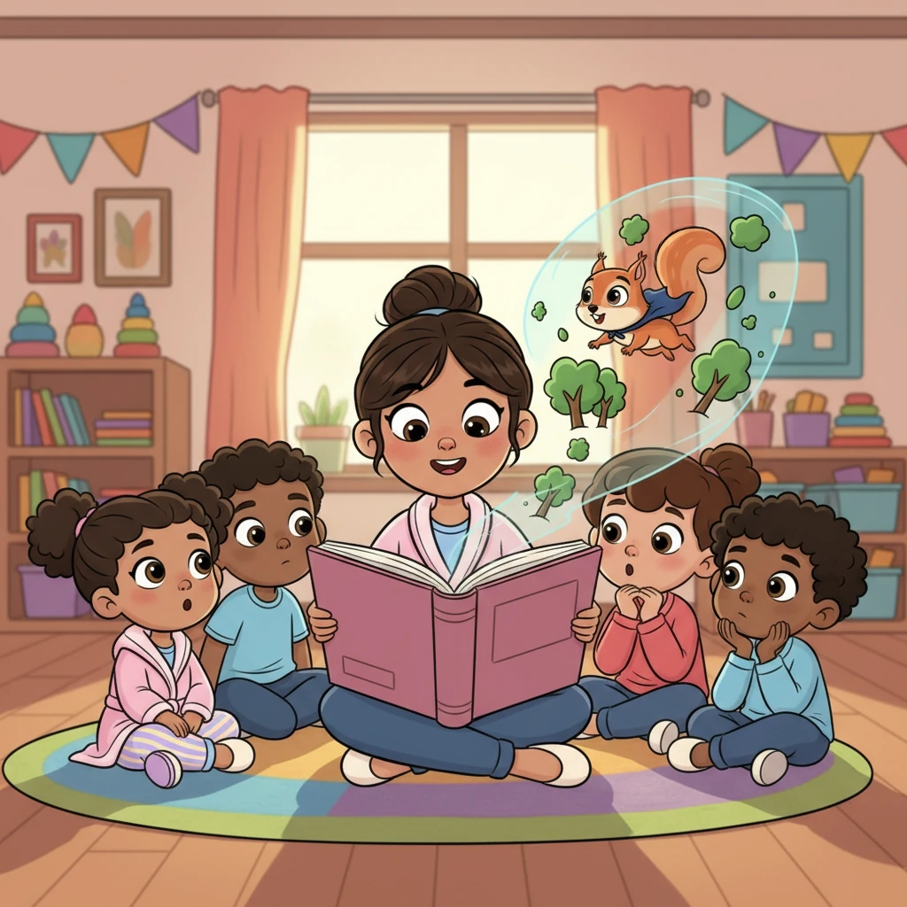 Later, during story time, Ms. Lily read a tale about a brave little squirrel, and Nia imagined herself flying through the trees alongside him. Her eyes were wide with wonder, completely captivated by the adventure unfolding from the book. Her classmates sat around her, equally engrossed, their expressions mirroring her delight. Vibrant cartoon style illustration of Nia sitting on a colorful carpet, eyes wide with wonder, imagining a brave squirrel flying. Ms. Lily, with an expressive face, reads a large, open storybook. Bold, clean outlines, exaggerated features for expressions of awe and engagement. Cheerful colors create a cozy, inviting story time atmosphere.